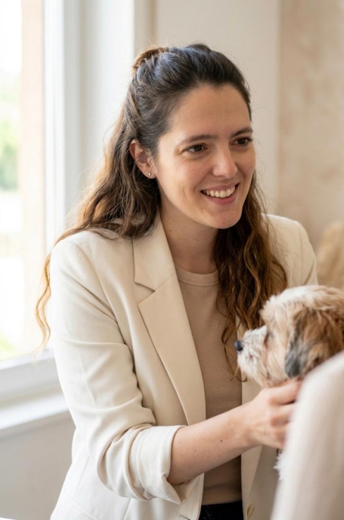 Dra. Laís Bandiera em consultório segurando um cão pequeno com carinho