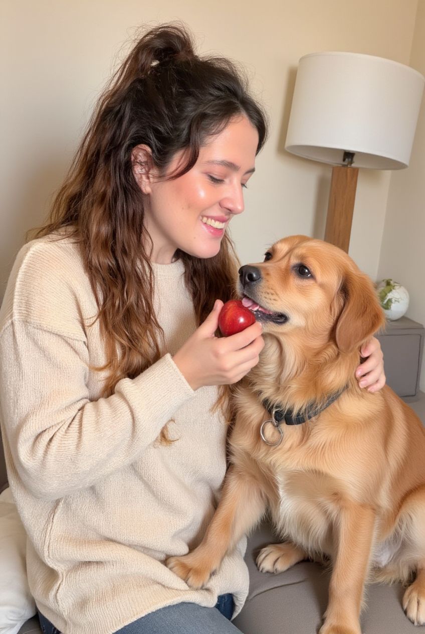 Dra. Laís Bandiera oferecendo alimento saudável a um cão em ambiente acolhedor